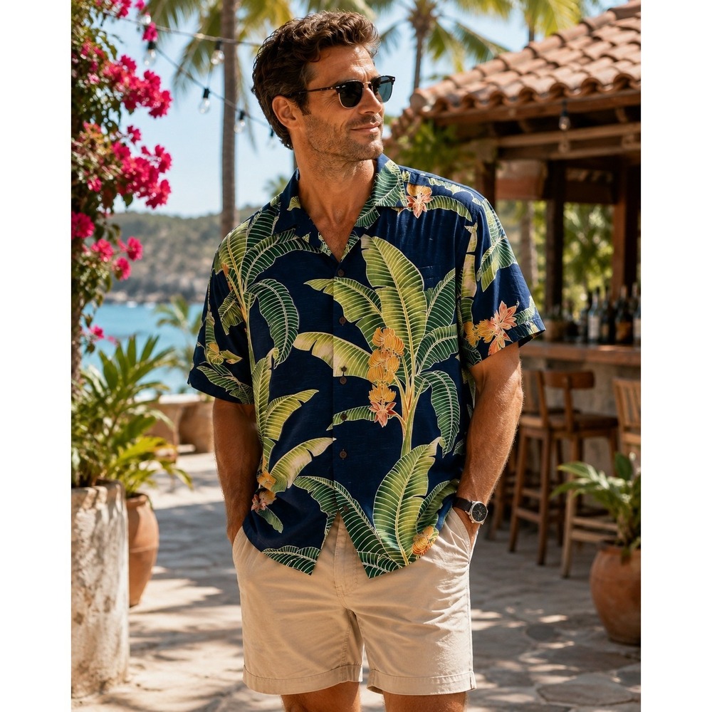 Tommy Bahama Hawaiian Shirt Men L 100% Silk Navy Banana Leaf Tropical Aloha